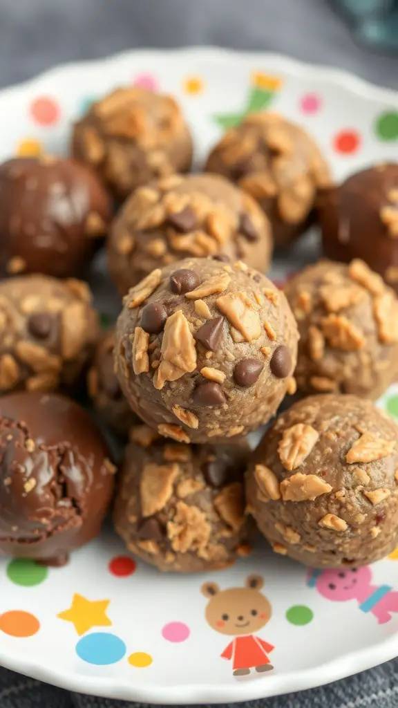 A colorful plate filled with chocolate peanut butter energy bites, some coated in chocolate and others topped with oats and chocolate chips.