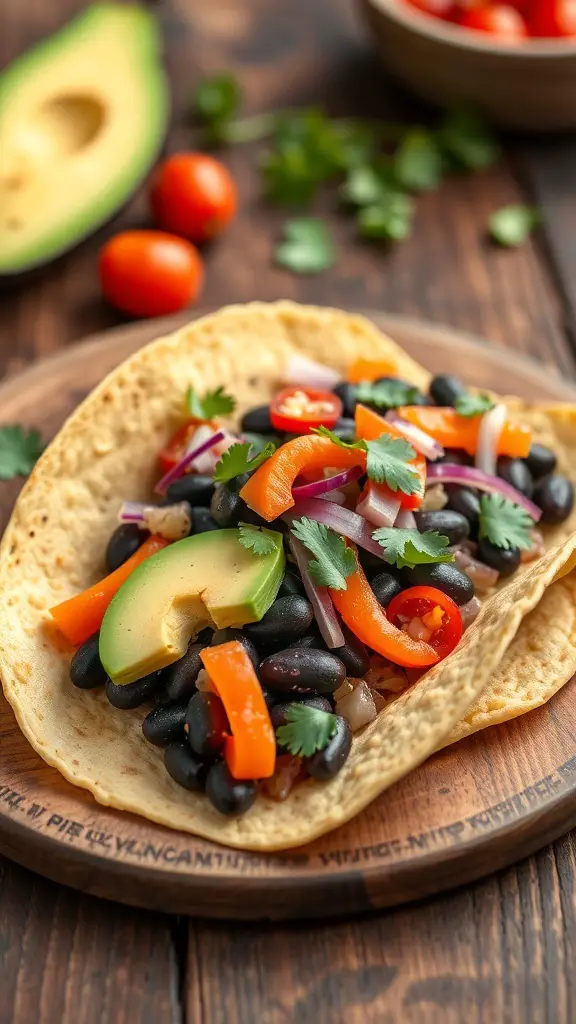 Vegetarian tacos filled with black beans, avocado, and colorful vegetables on a wooden plate.