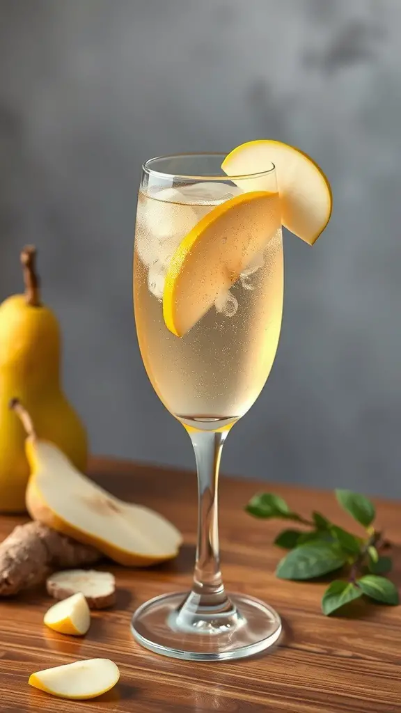 A refreshing Pear and Ginger Sparkler drink in a glass, garnished with pear slices, with fresh pears and ginger root in the background.