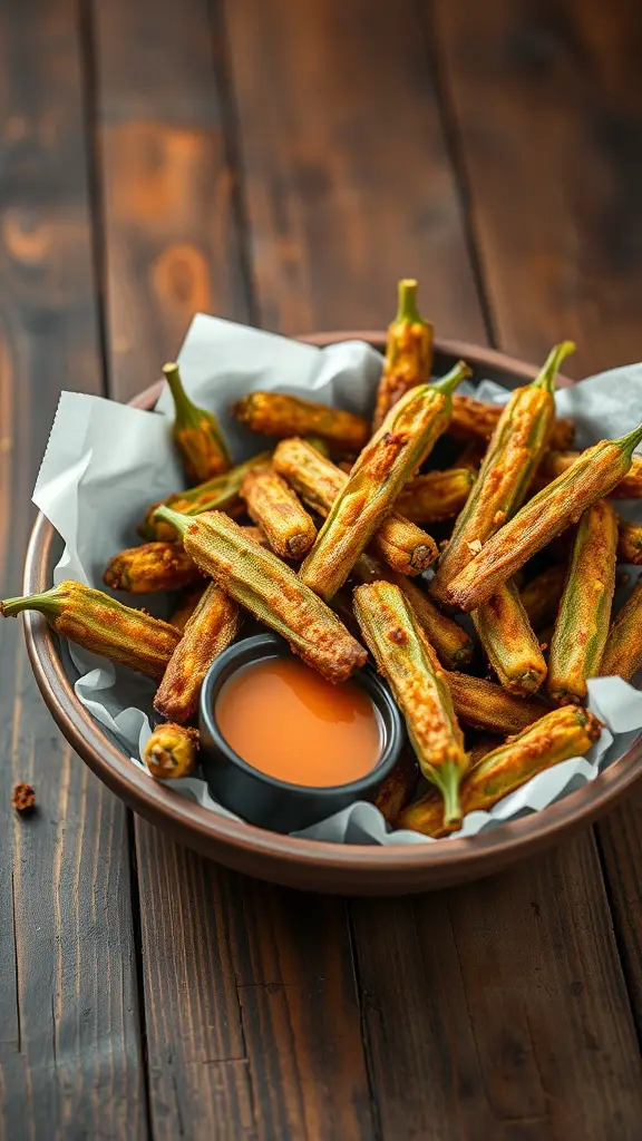 A bowl of crispy fried okra with a dipping sauce