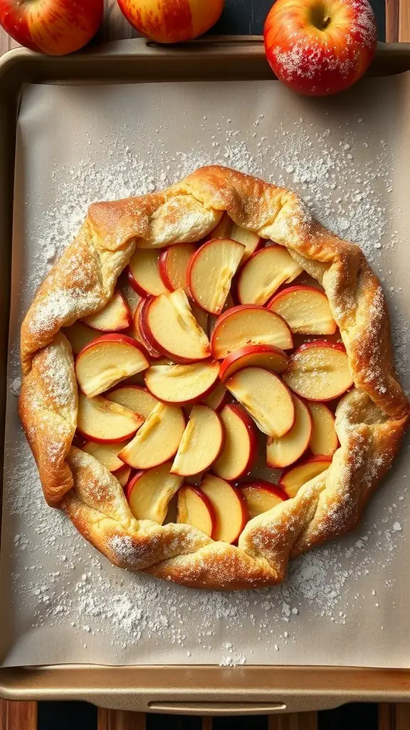 A freshly baked apple cinnamon galette with sliced apples arranged on a golden crust, dusted with powdered sugar, surrounded by whole apples.