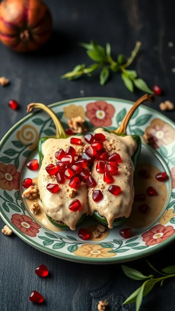 Chiles en Nogada with pomegranate seeds on a decorative plate