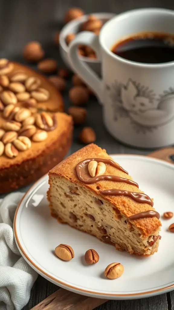 A slice of hazelnut coffee cake on a plate, topped with chocolate and whole hazelnuts, accompanied by a cup of coffee.