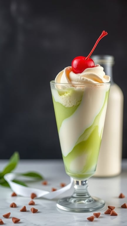 A refreshing Matcha and Vanilla Ice Cream Float topped with whipped cream and a cherry.