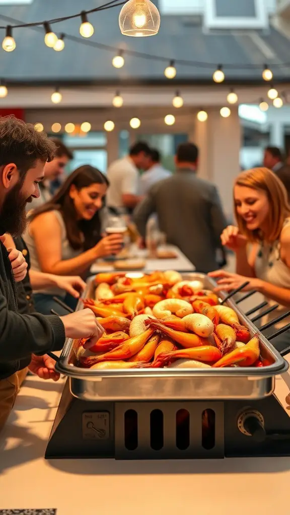 A group of friends enjoying a seafood boil party with shrimp and potatoes on a table.