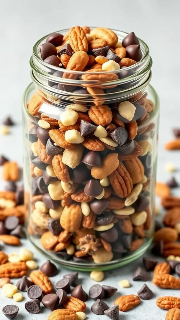 A jar filled with a colorful assortment of nuts and chocolate chips, with some scattered around.