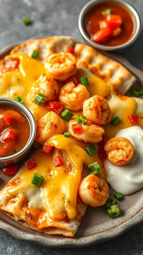 A plate of chipotle shrimp quesadillas with melted cheese, shrimp, and fresh toppings.