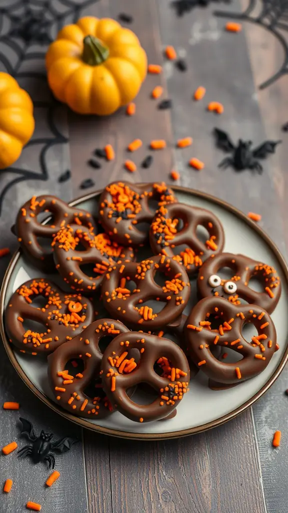 A plate of chocolate-covered pretzels decorated with orange sprinkles and candy eyes, surrounded by Halloween decorations.