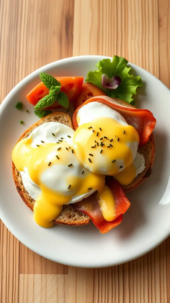 A plate of Eggs Benedict featuring poached eggs, ham, and hollandaise sauce on toasted English muffins, garnished with tomato slices and mint.