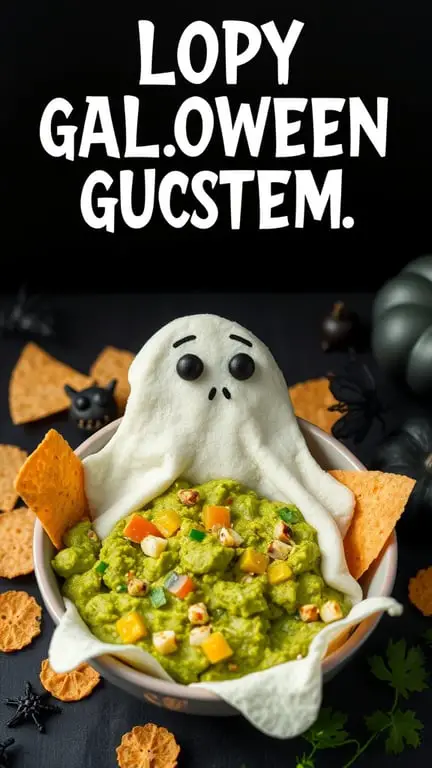 A bowl of guacamole shaped like a ghost, surrounded by tortilla chips and Halloween decorations.