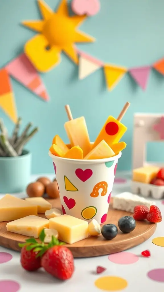 Colorful charcuterie cup filled with cheese, fruits, and playful shapes for kids.