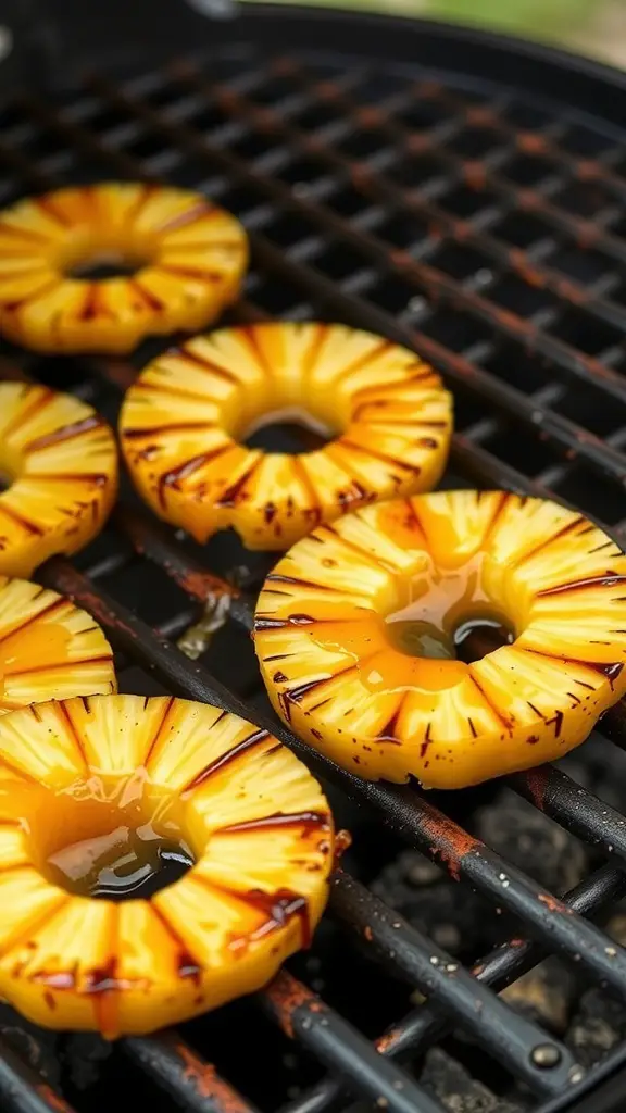 Grilled pineapple rings on a grill with a honey glaze