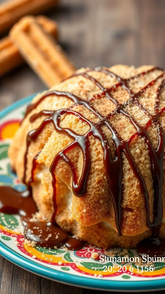 A churro cake topped with chocolate sauce and cinnamon sugar on a colorful plate.