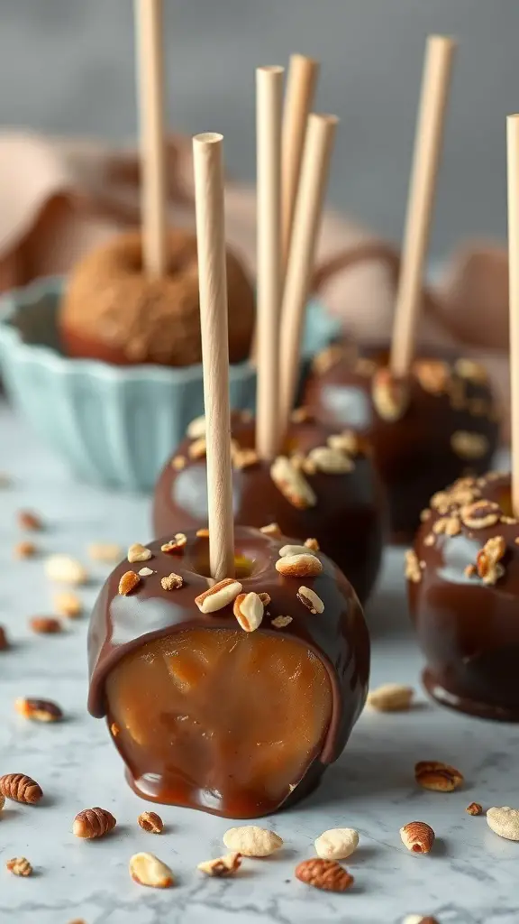 Chocolate-dipped caramel apples with wooden sticks, surrounded by crushed nuts.