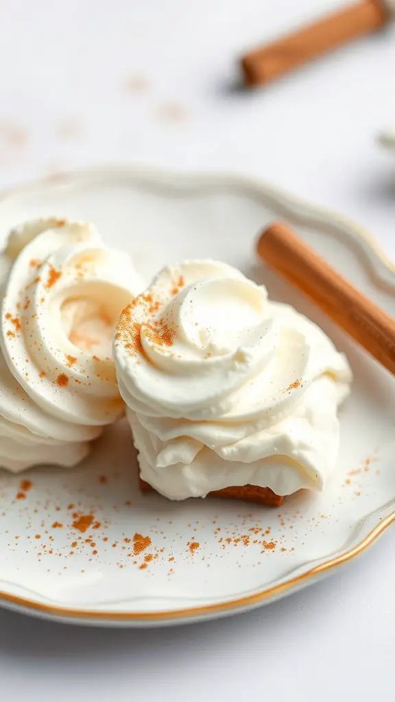 Two fluffy cinnamon cream cheese clouds on a decorative plate with a sprinkle of cinnamon.