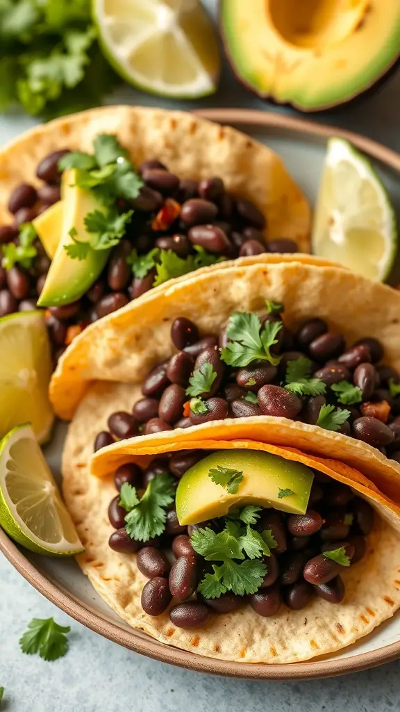 A plate of zesty black bean tacos with avocado, cilantro, and lime.