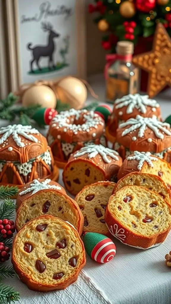 A festive display of panettone cookies, decorated with icing and surrounded by holiday decorations.