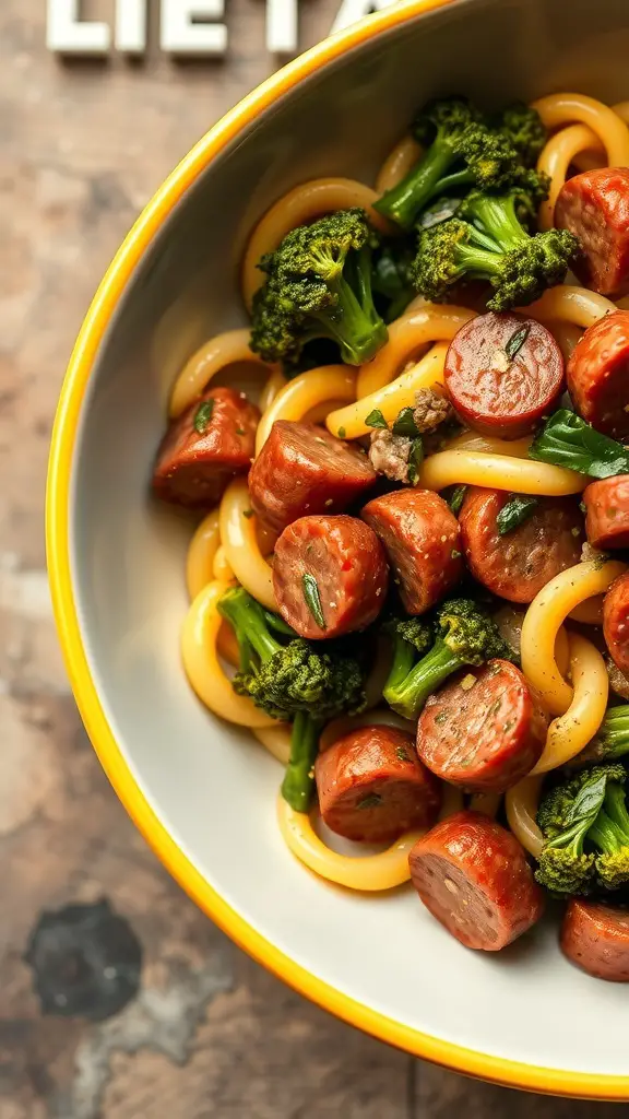 A bowl of orecchiette pasta with hot Italian sausage and broccoli rabe.