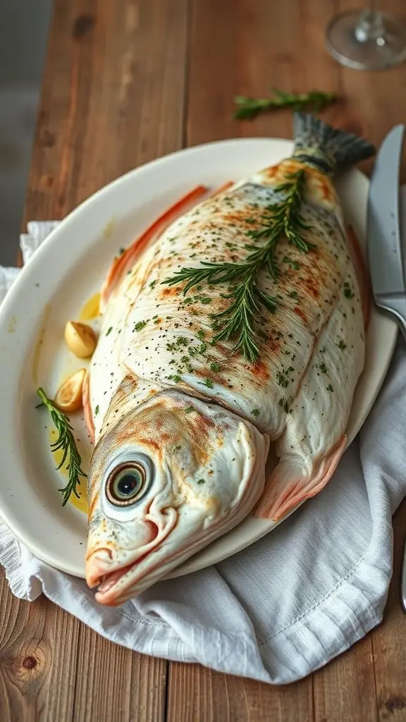A whole baked snapper garnished with herbs and garlic on a white platter