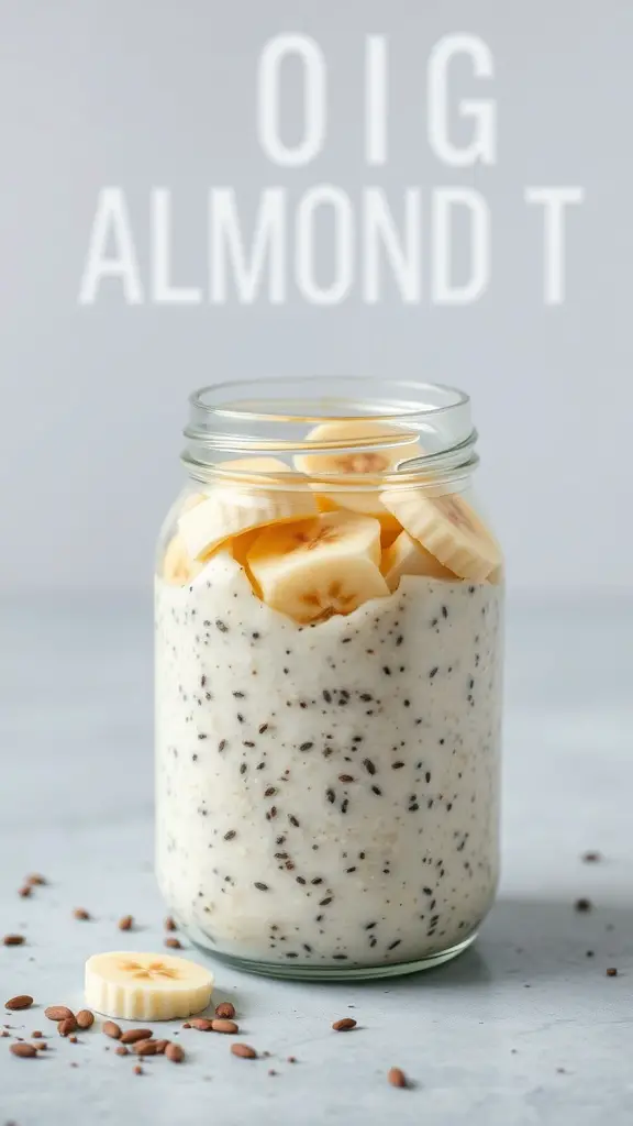 A jar of overnight oats with almond milk and banana slices on top.