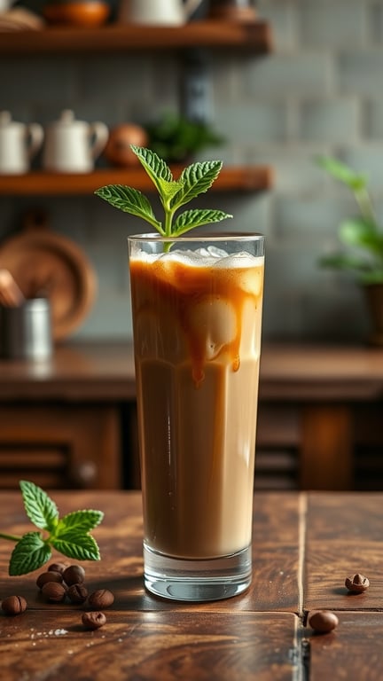 A refreshing glass of iced coffee with hazelnut syrup, garnished with a mint leaf, set against a cozy kitchen backdrop.