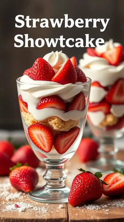 Strawberry shortcake parfaits in glasses with layers of strawberries, whipped cream, and cake.