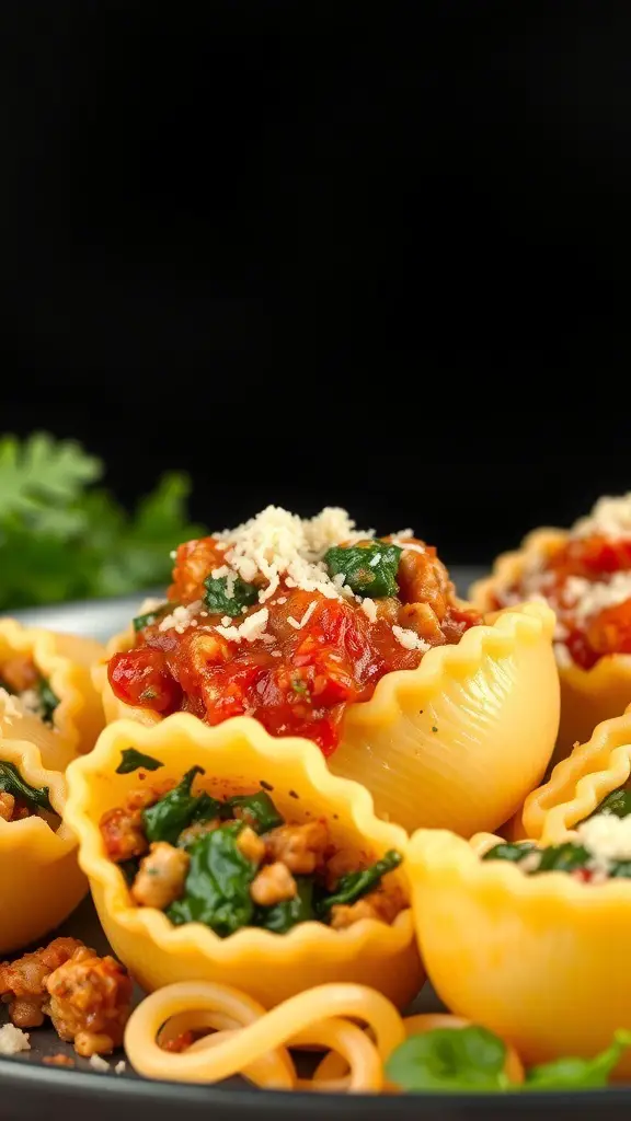A plate of sausage and spinach stuffed shells topped with tomato sauce and cheese.