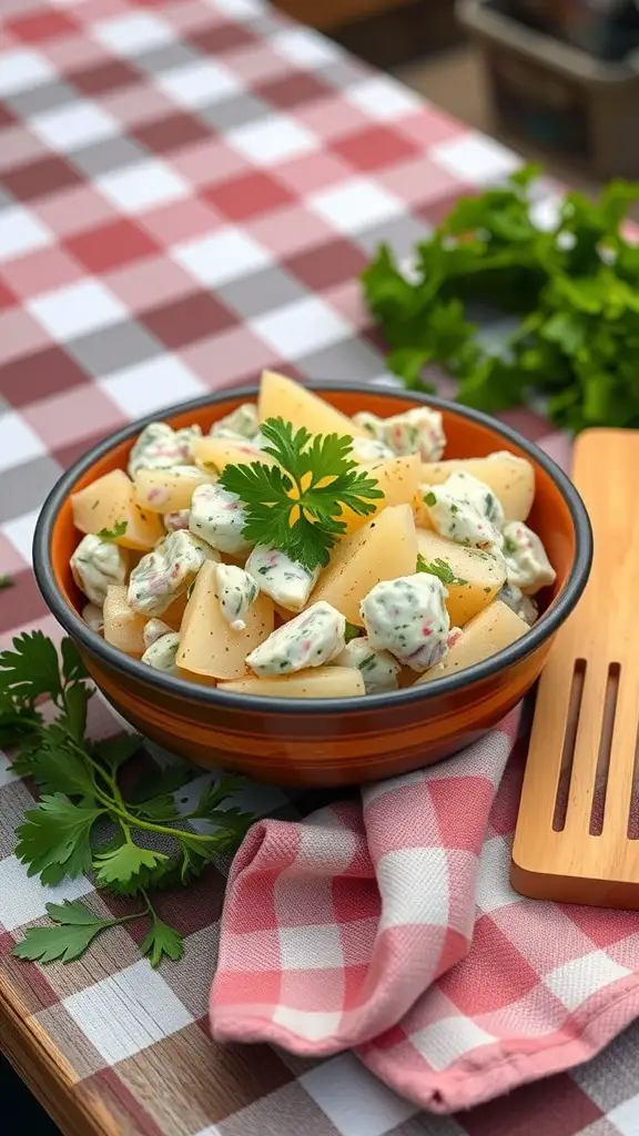 A bowl of creamy potato salad with herbs, placed on a checkered tablecloth.
