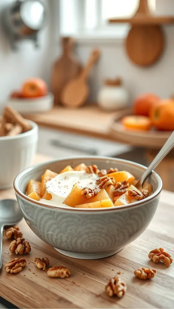 A bowl of Cinnamon Apple Crunch with Greek yogurt, apple slices, and walnuts on a wooden surface.