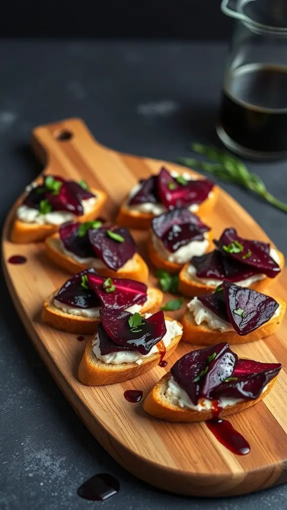 A wooden platter with roasted beet and goat cheese crostini, topped with fresh herbs and balsamic reduction.