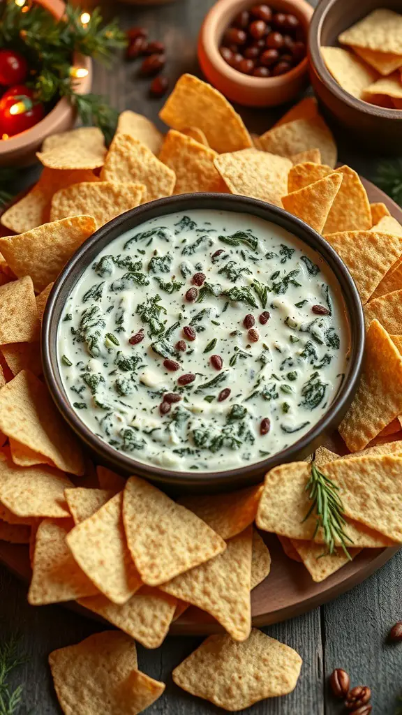 A bowl of spinach and artichoke dip surrounded by tortilla chips.