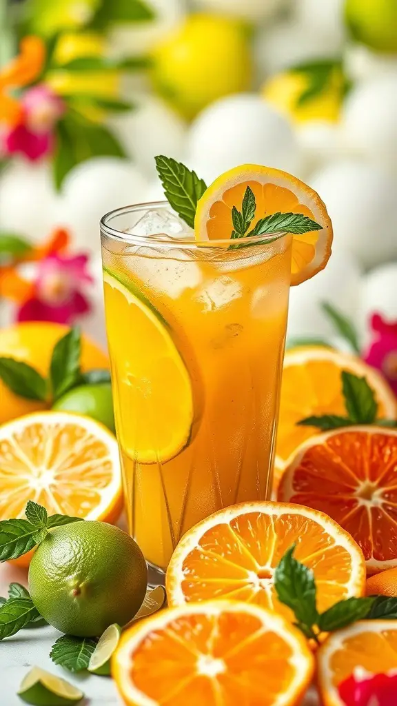 A refreshing citrus drink in a glass with lemon and mint, surrounded by orange and lime slices.