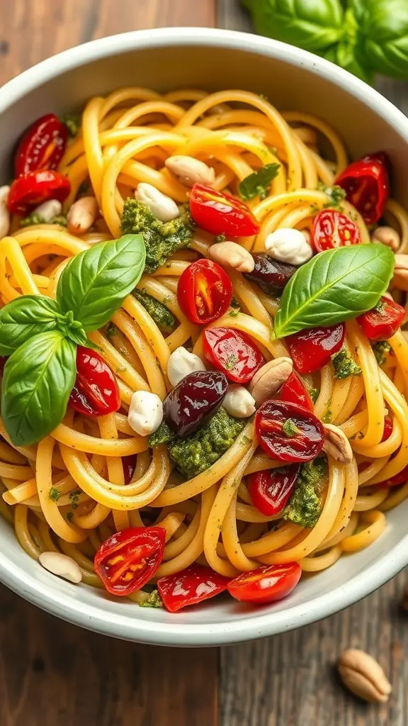 A bowl of pesto pasta with sun-dried tomatoes, garnished with fresh basil leaves.