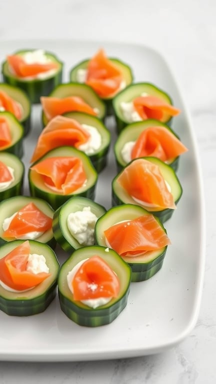 A platter of cucumber roll-ups filled with cream cheese and topped with smoked salmon.