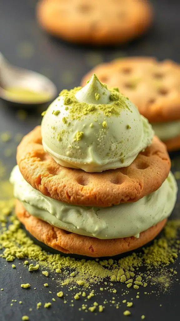 Matcha green tea ice cream sandwich with cookies and matcha powder