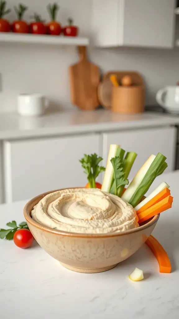 A bowl of radish hummus with celery and carrot sticks on a kitchen counter.