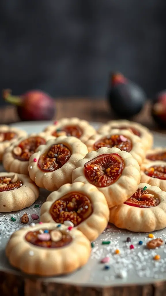 A plate of Sicilian fig cookies, known as cucidati, with a glossy fig filling and colorful sprinkles.