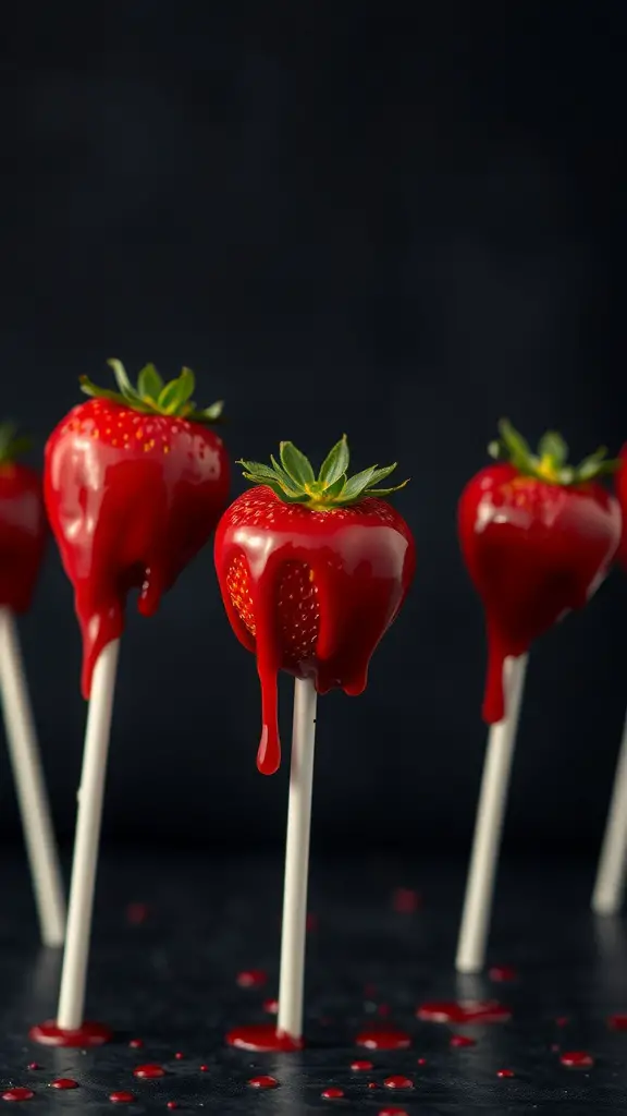 Vampire Blood Strawberry Lollipops with red candy coating dripping from fresh strawberries