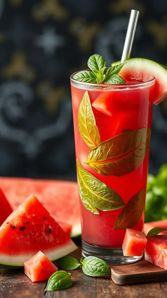 A refreshing watermelon basil drink in a glass with basil leaves and watermelon slices around it.