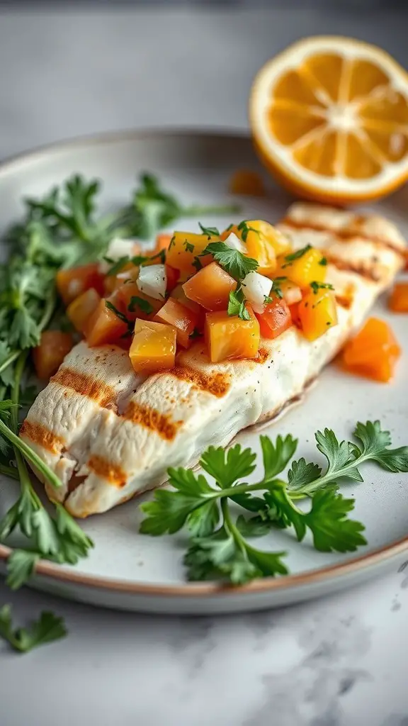 Grilled snapper fillet topped with citrus salsa, garnished with fresh herbs and a lemon wedge.