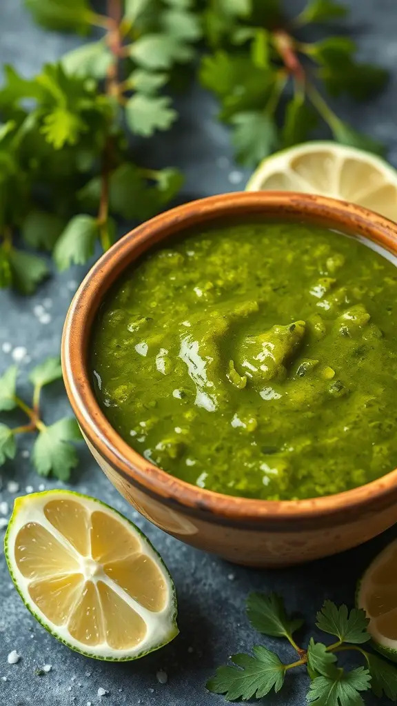 A bowl of green salsa verde with lime slices and fresh herbs around it.
