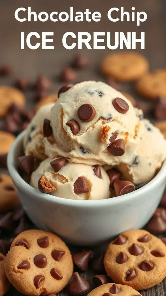 A bowl of Chocolate Chip Cookie Dough Ice Cream with chocolate chips and cookies