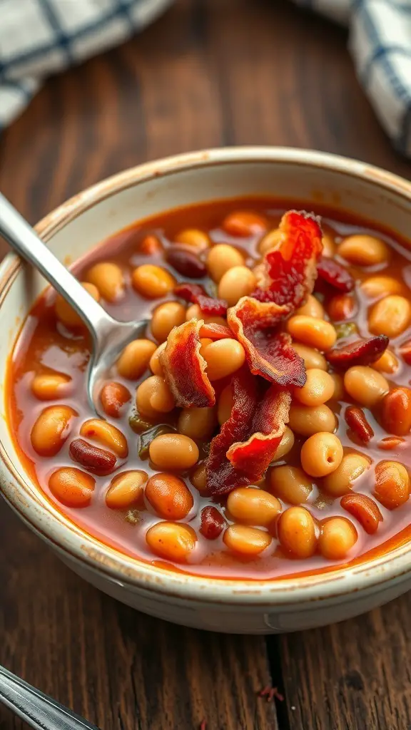A bowl of baked beans with bacon, featuring various beans in a rich sauce topped with crispy bacon.