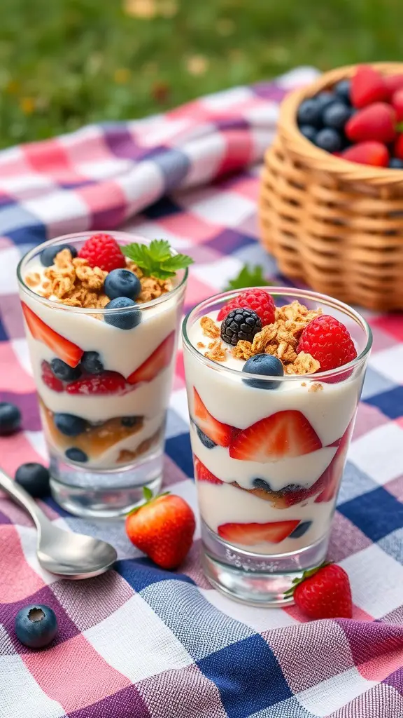 Two fruit and yogurt parfaits with strawberries, blueberries, and raspberries on a picnic blanket.