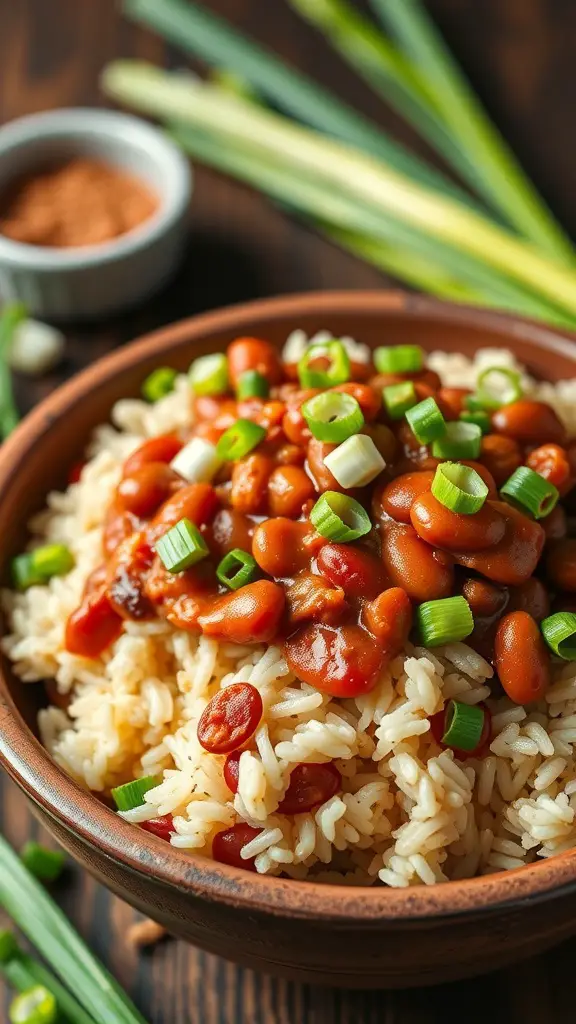 A bowl of Cajun Red Beans and Rice topped with green onions, with ingredients in the background.