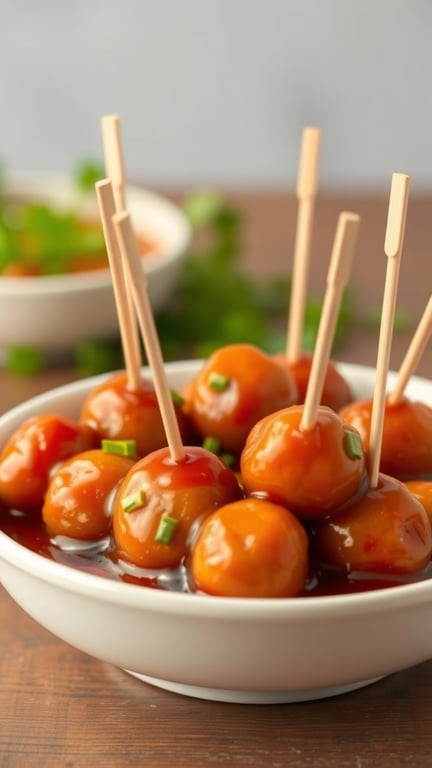 A bowl of mini meatballs in sweet and sour sauce with toothpicks for serving.