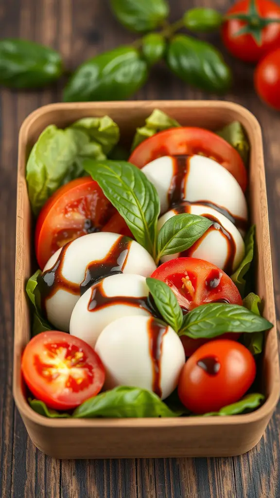 A bento box containing Caprese salad with mozzarella balls, cherry tomatoes, and basil, drizzled with balsamic glaze.