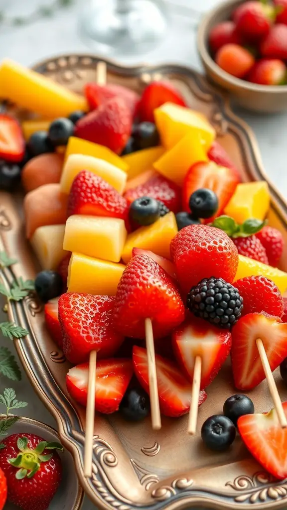 Colorful fresh fruit skewers with strawberries, blueberries, mango, and melon on a decorative platter.