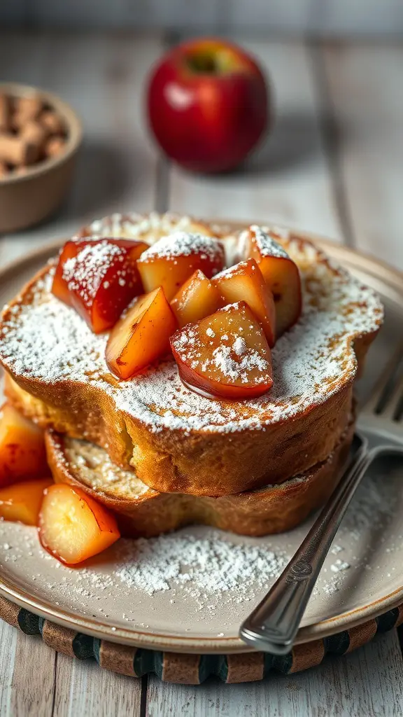 Chai Spiced French Toast topped with apple slices and powdered sugar