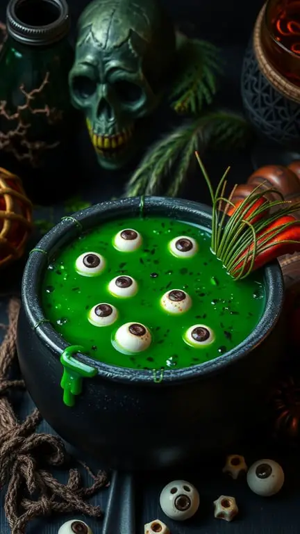 A cauldron filled with bright green soup, topped with candy eyeballs, surrounded by Halloween decorations.
